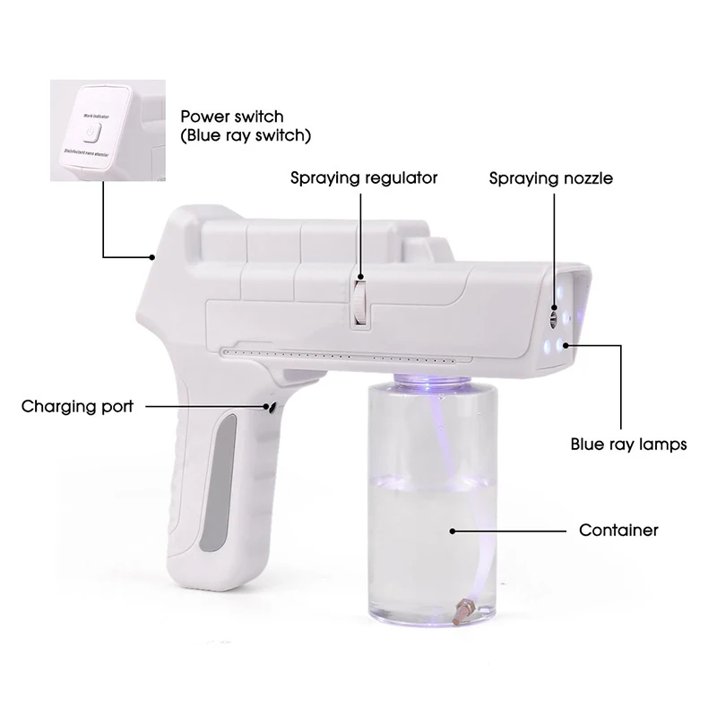 

350ML Wireless Electric Sanitizer Sprayer Disinfectant Blue Light Nano Steam Spray Gun Handhold Sprayer Disinfection Gun