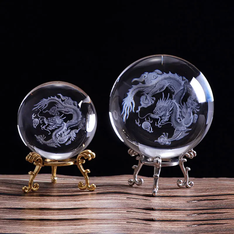 6 cm/ 8cm 3D Crystal Ball with Dragon Miniature Figurine Sphere Laser Engraved Craft Globe LED Base Home Decor | Дом и сад