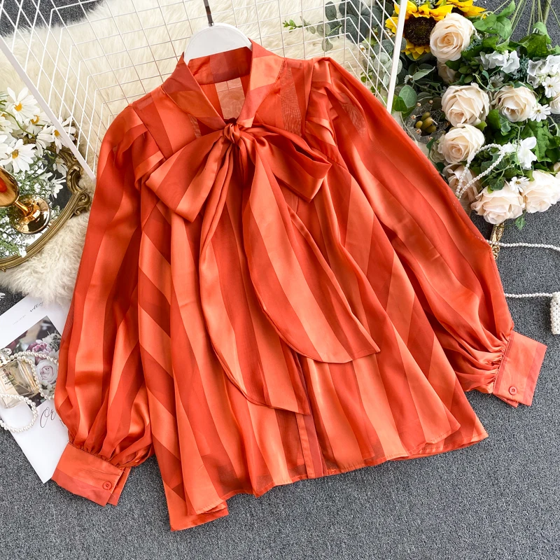 

Loose Satin Blouse Shirt Long Sleeve Blouses Women Soild Striped Bow Collar Lantern Sleeve