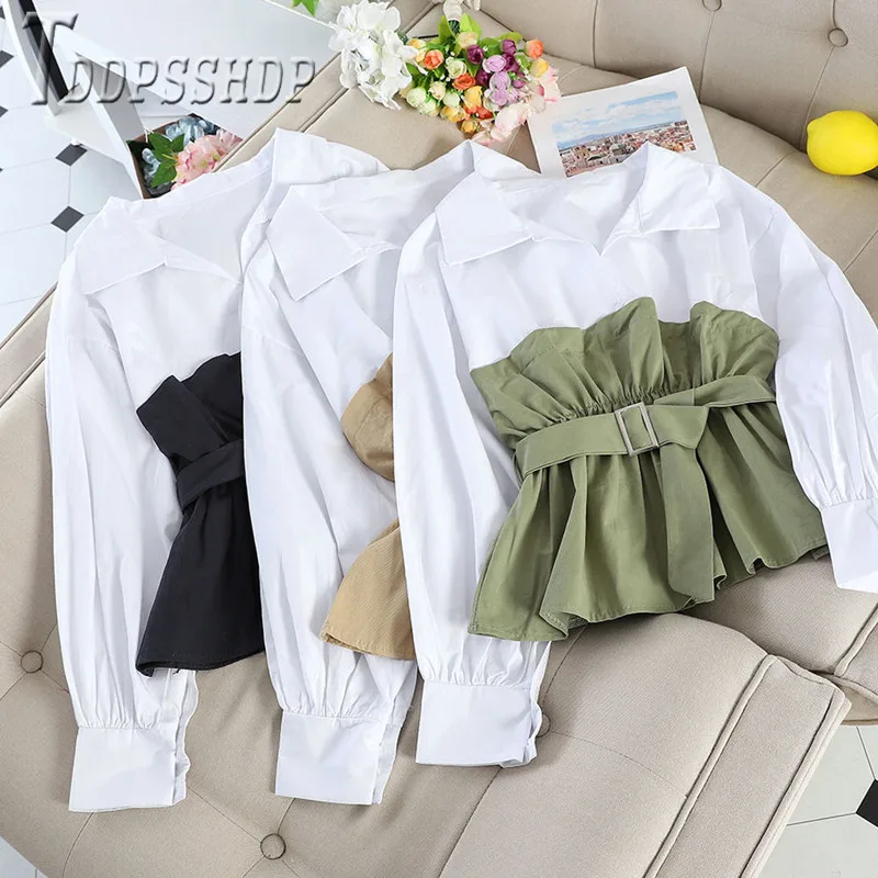 

2020 New Korean Loose Long Sleeve Women Blouse Fake Two Pieces Female Blouses