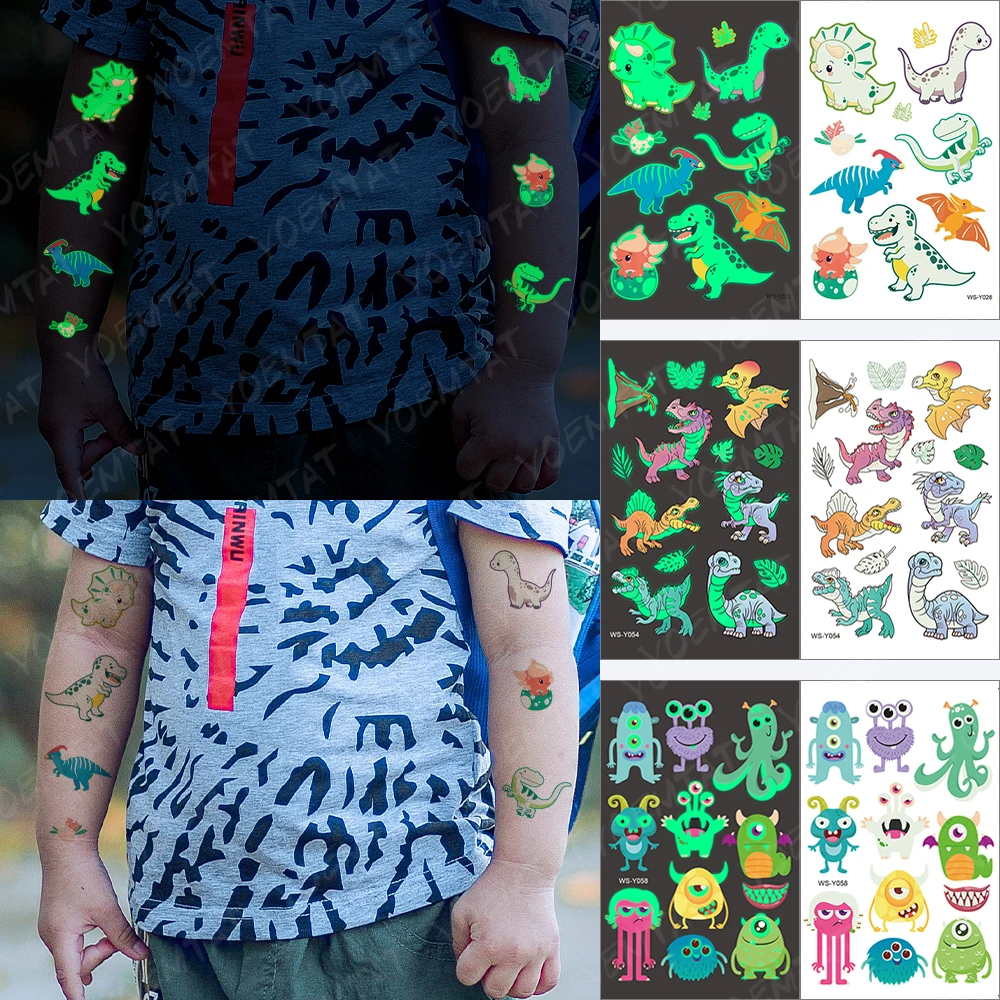 

Glow in the Dark Tattoo Stickers Dinosaur Luminous Glitter Temporary Waterproof Jurassic Boy Tatto Cute Kid Cartoon Fake Tatoo