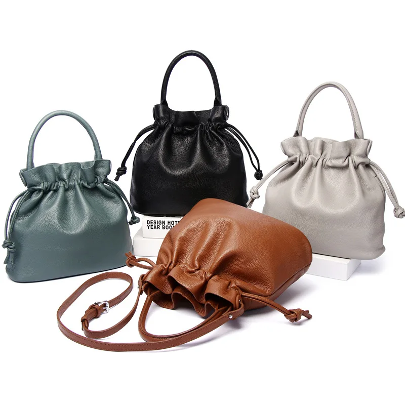 

Genuine Leather Drawstring Bucket Bag Small Women Leather Shoulder Bag Fold Design Lady Crossbody Bag Purse Female Totes Handbag