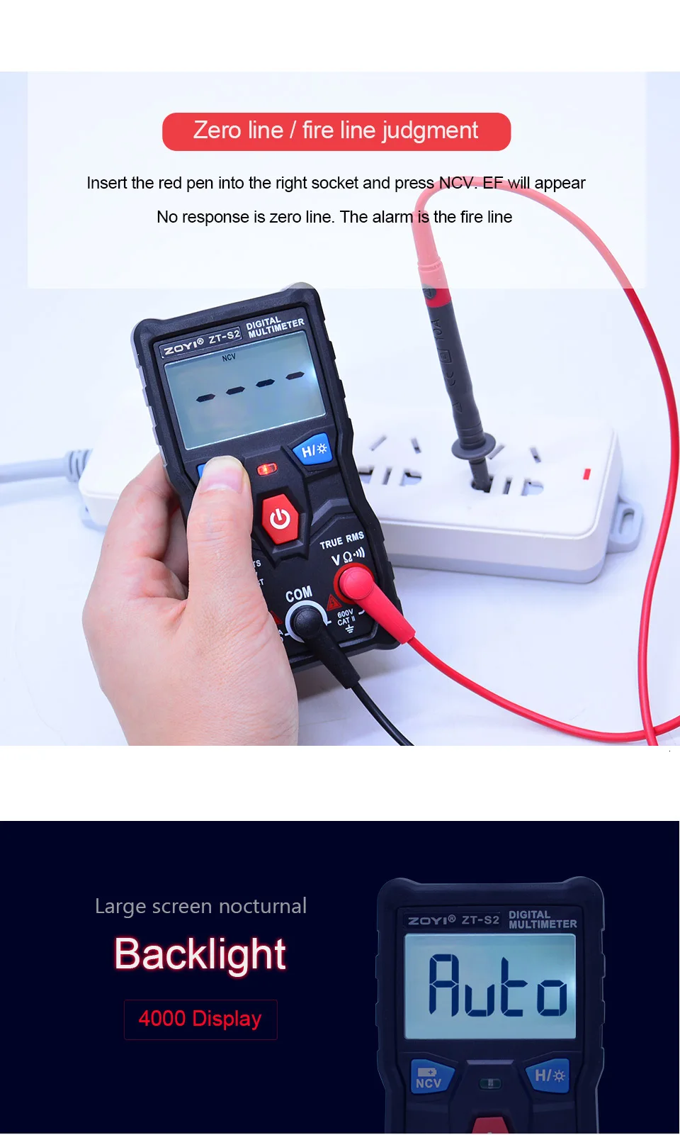 ZOYI ZT-S1 ZT-S2 ZT-S3 ZT-S4 истинных среднеквадратичных значений ЖК-дисплей Цифровой мультиметр 4000 рассчитывает Авто диапазон с бесконтактная проверка напряжения переменного удержания данных и ЖК-дисплей подсветка