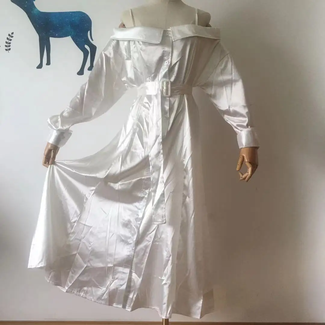 

Off Shoulder Sexy Dress Women Party Summer Dress Long Puff Sleeves Ornate Belt White Dresses Midi Wrap Dress White