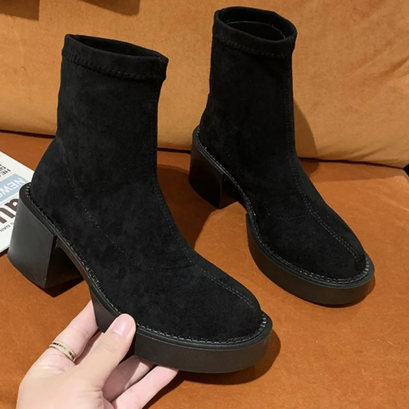 

Winter Womens PU Leather Square High Heels Slip-on Short Plush Boots Shoes for Women Fashion Platform Ankle Boots Woman Shoe