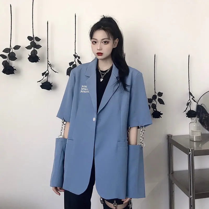 

Suit coat 2021 spring and autumn new style blue detachable chain sleeves two wear loose and versatile shoulder pad jacket women
