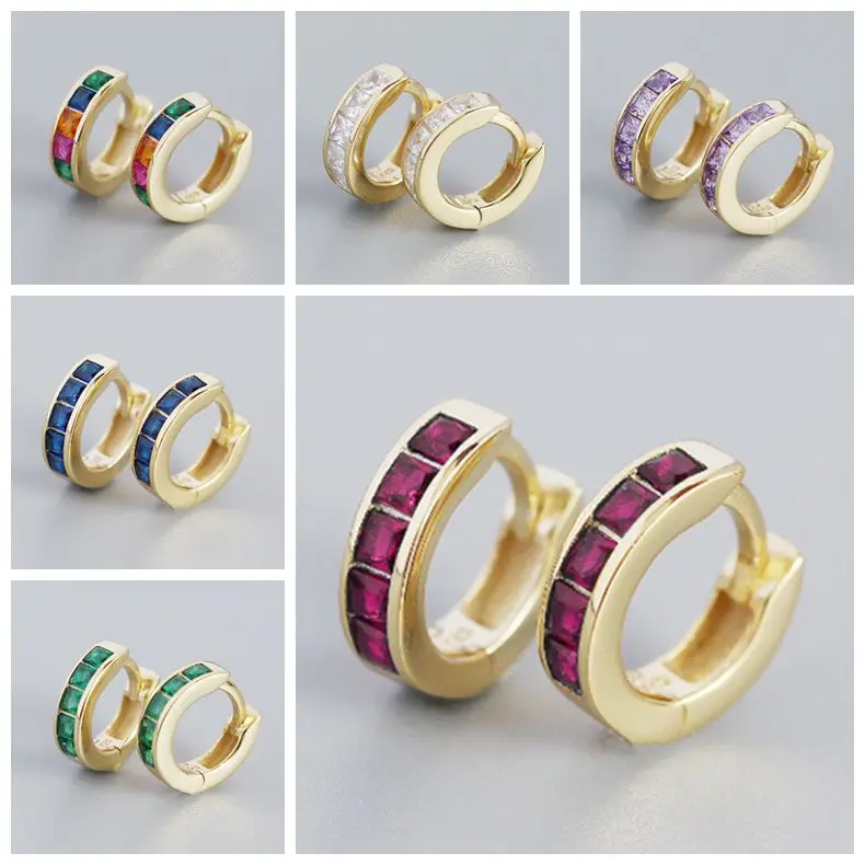 

925 Sterling Silver Rainbow Zircon CZ Huggie 8mm Hoop Earring Piercing Ohrringe Pendant Luxury Fashion Fine Jewelry Accessories