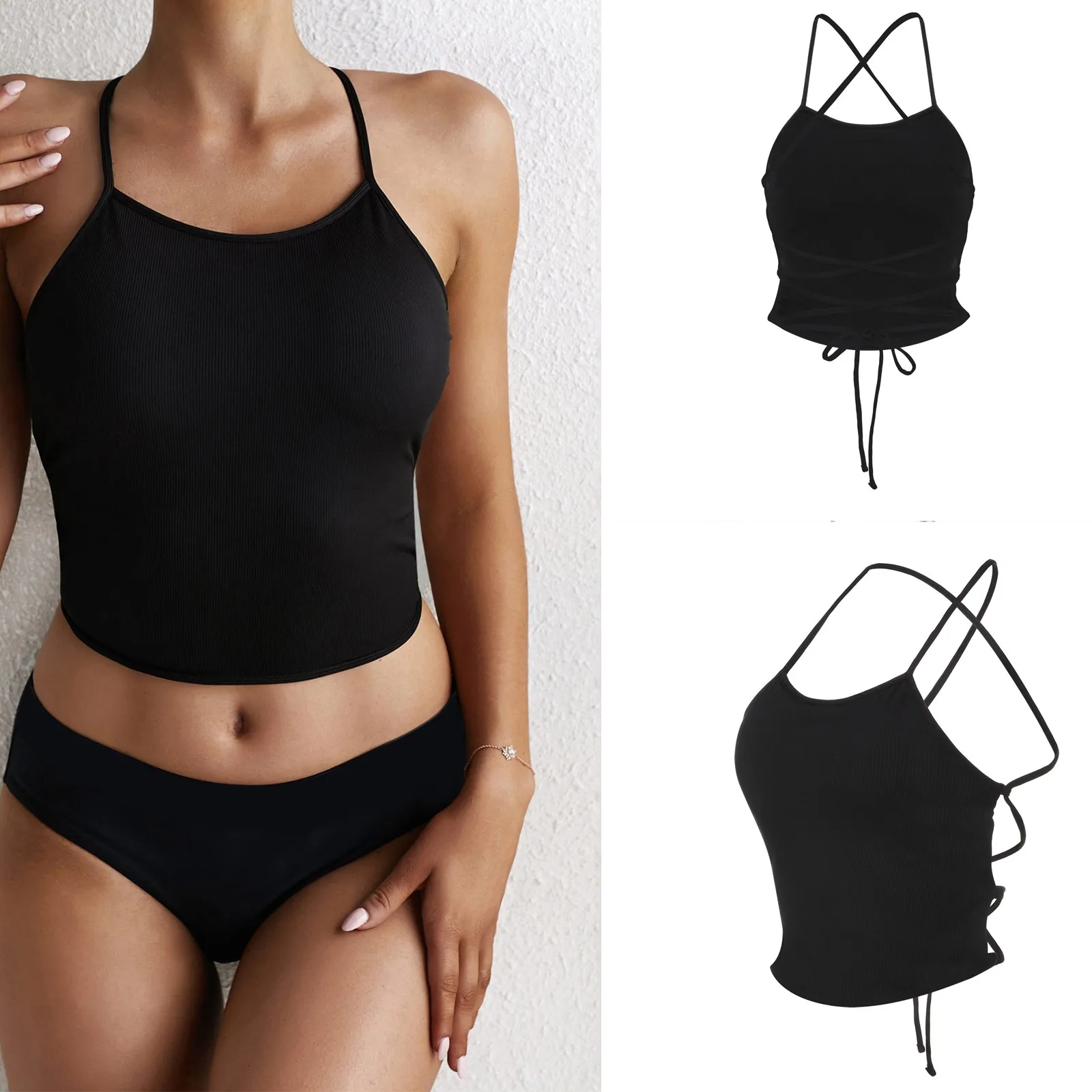 

Women's Thin Shoulder Strap Solid Color Bikini Set Swimwear Summer Sexy Back Bandage Swimsuit Beachwear maillot de bain femme