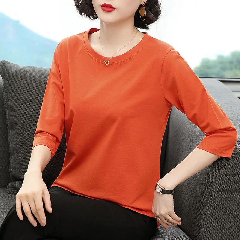 Cotton 2020 spring new small shirt fashion loose solid color seven sleeve T-shirt middle top | Женская одежда