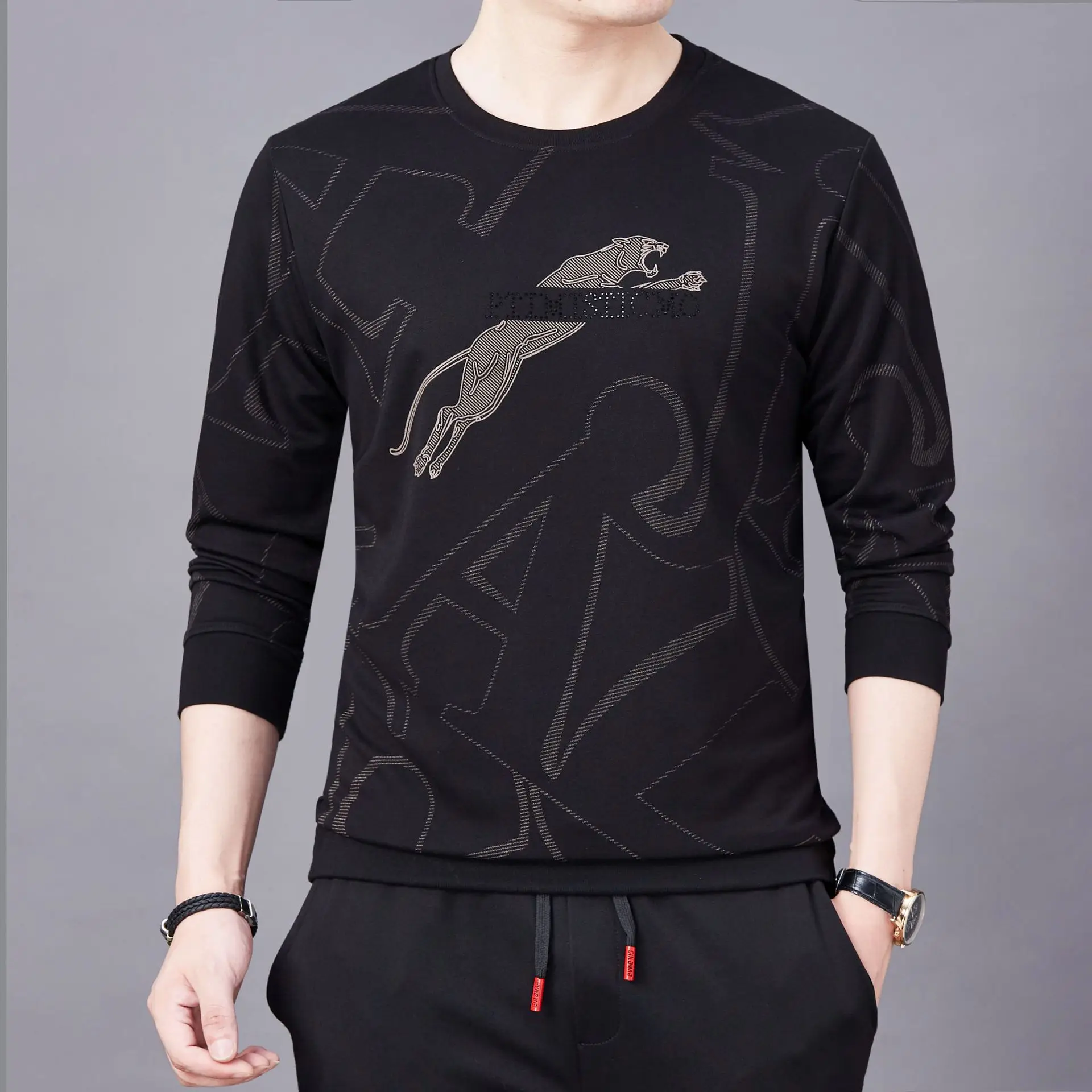 

Мужской свитер, мужской повседневный Молодежный спортивный свитер с леопардовым принтом, круглым вырезом и длинными рукавами, мужские футб...