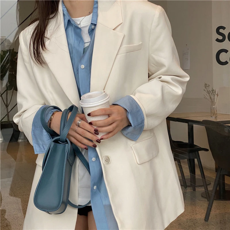 

Office Lady Loose Work Blazer Sungtin Casual Blazer Suit Coat Solid Vintage Elegant Outwear Jackets Women 4 Colors Korean Chic