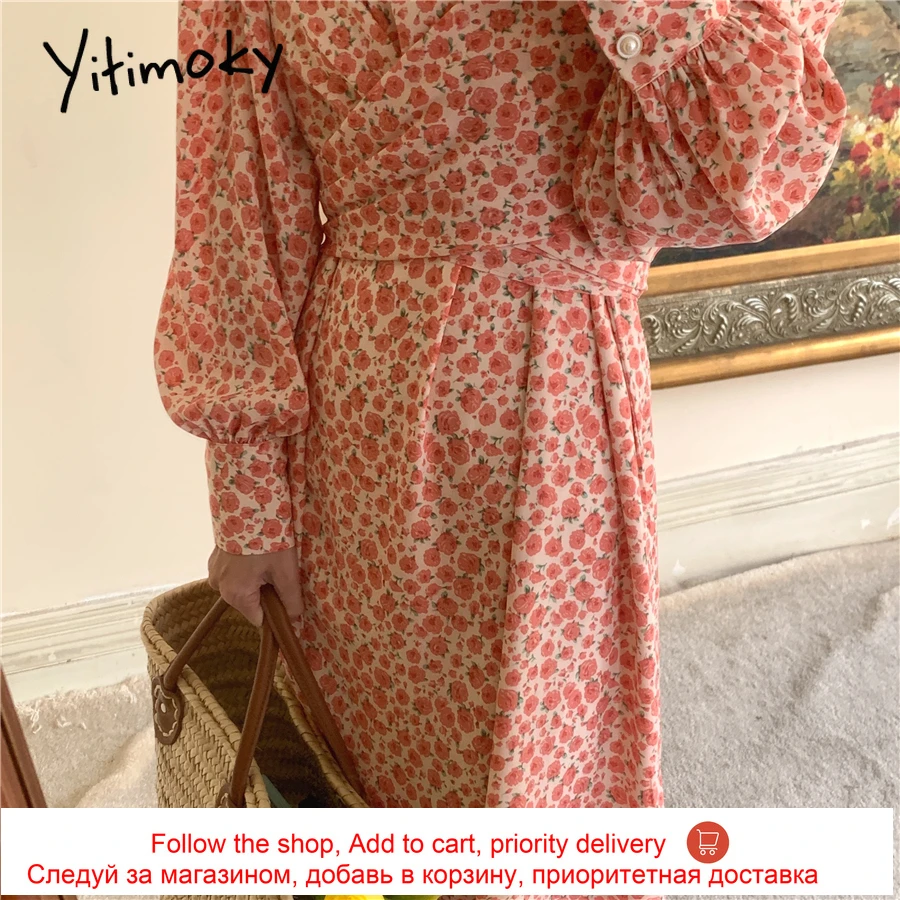

Yitimoky Elegant Women Dresses O-Neck Puff Sleeve 2021 Summer Fashion Korean New Floral Printing Vintage Bandge Long Dress