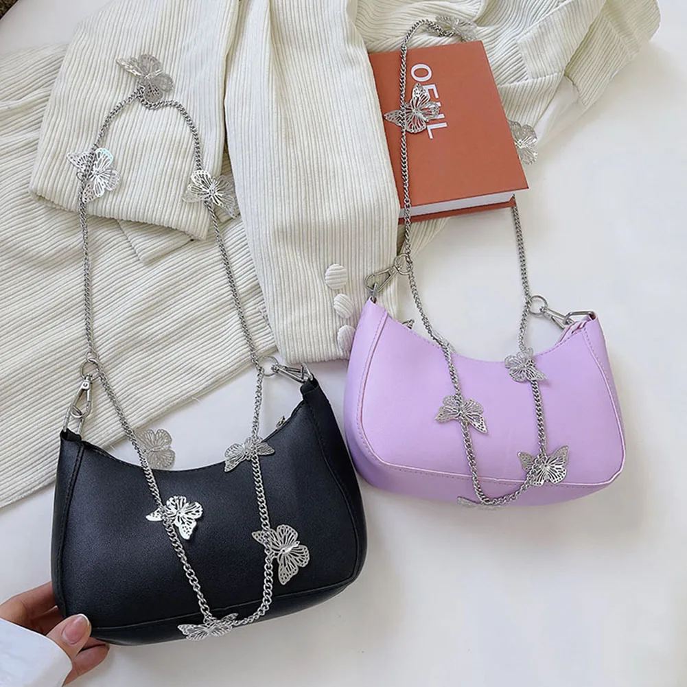 

Vintage Women Butterfly Chain PU Leather Pure Color Shoulder Underarm Bag Casual Ladies Small Hobos Handbags Purse