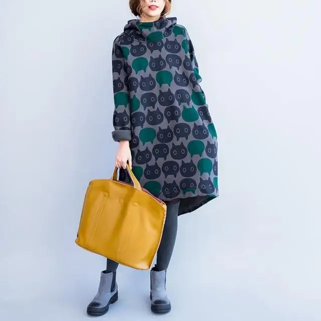 Grey Hoodies Плюс размер толстовки с изображением кошки осень зима Kawaii мультфильм женщин Винтаж длинный свитер с капюшоном бархатное плотное худи платье - Цвет: Grey Hoodies