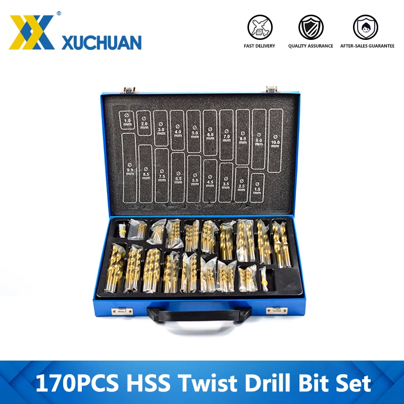 170pcs Twist Drill Bit Set Titanium Coated 1.0-10mm HSS Drill Bit Set For Wood Metal Hole Drilling