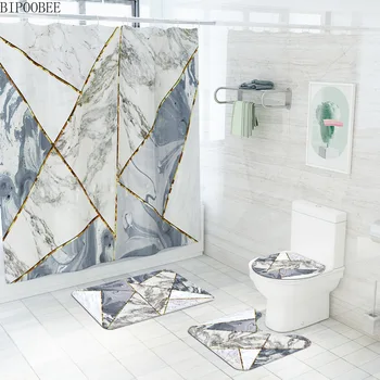 Marble Printed Shower Curtain Mildew Proof Durable Bathroom Curtains Set Flannel Toilet Lid Cover Non-slip Rugs Bath Mat Sets