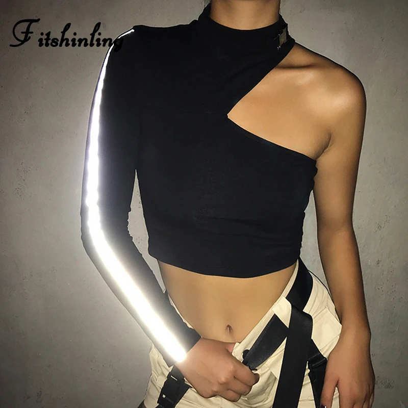 Женская футболка на одно плечо Fitshinling черный светоотражающий укороченный топ в