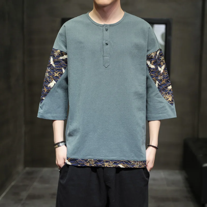 Мужская Летняя свободная футболка в китайском стиле с коротким рукавом |