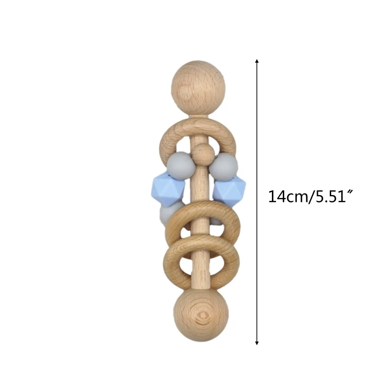 

Baby Beech Teether Bell Rattle Silicone Beads Wooden Ring Soother Molar Toddler Teething Nursing Toy Shower Gifts