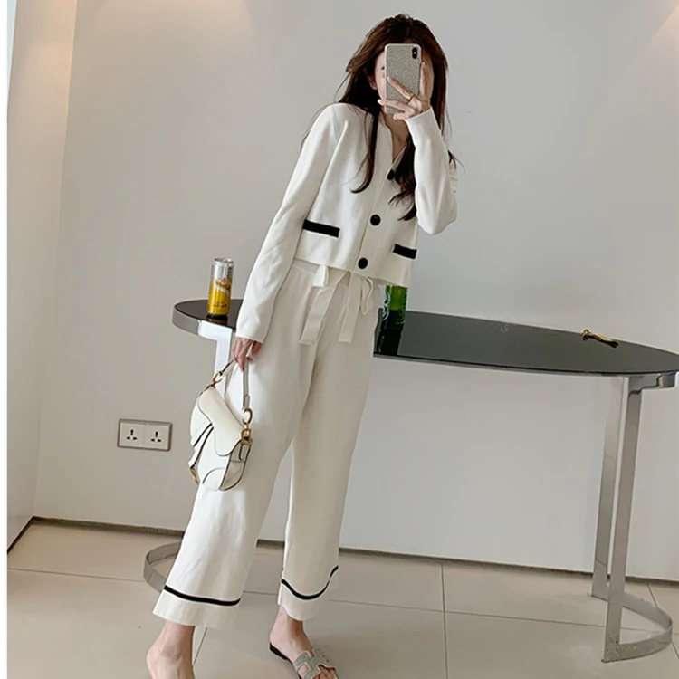 

Autumn Winter Women Knitted Pants Set Sweaters 2pcs Suits Long Sleeve Single-Breasted Cardigan Top+Knitted Wide-Leg Trousers Set