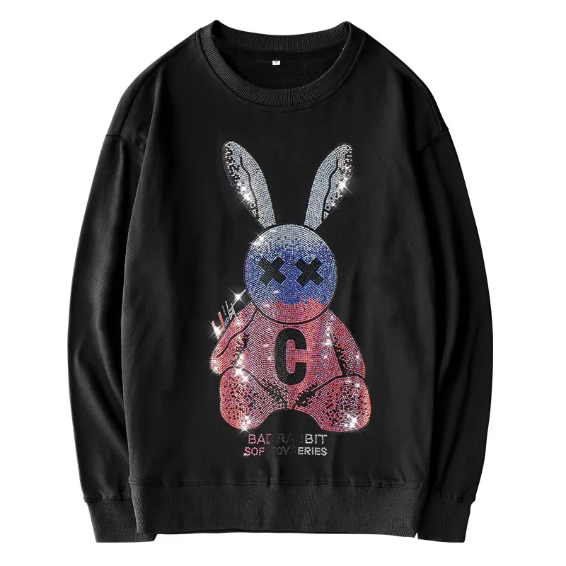 

Oversized Drilling Diamond Cartoon Hoodies For Women Long Sleeve O-neck Loose Letters Pullovers Sweatshirts Female Tops H008