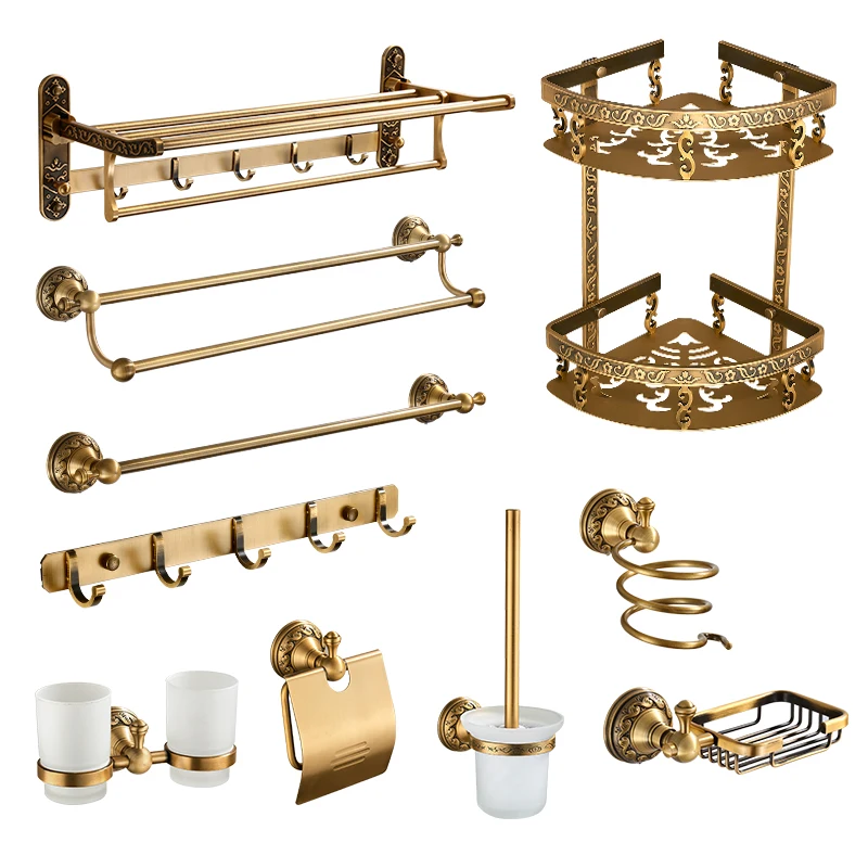 

Bathroom Accessories Antique Brass Towel Bar Cup Holders Roll Paper Holder Soap Dish Hairdryer Rack