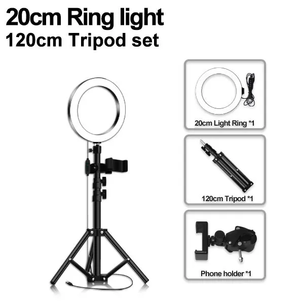 20cm type 120cm Светодиодный кольцевой светильник 16/20/26 см 5600K вспышка для селфи с кольцо для фотосъемки с лампами светильник ing с штатив с держателем для телефона и usb-разъем для студийной фотосъемки - Цвет: 20cm type 120cm