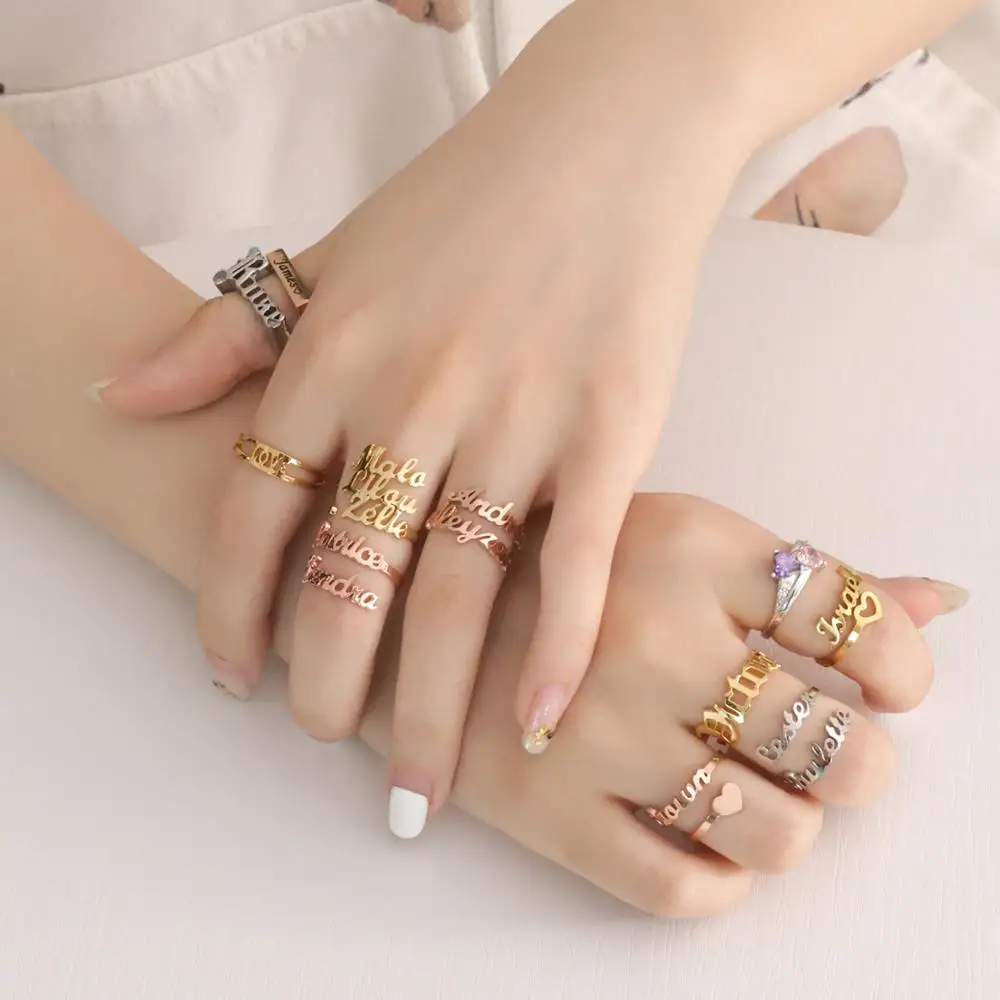 Personalized Double Custom Name Rings Stainless Steel Couples Names Letters Ring New Mom Gift Mother Daughter Family Jewelry