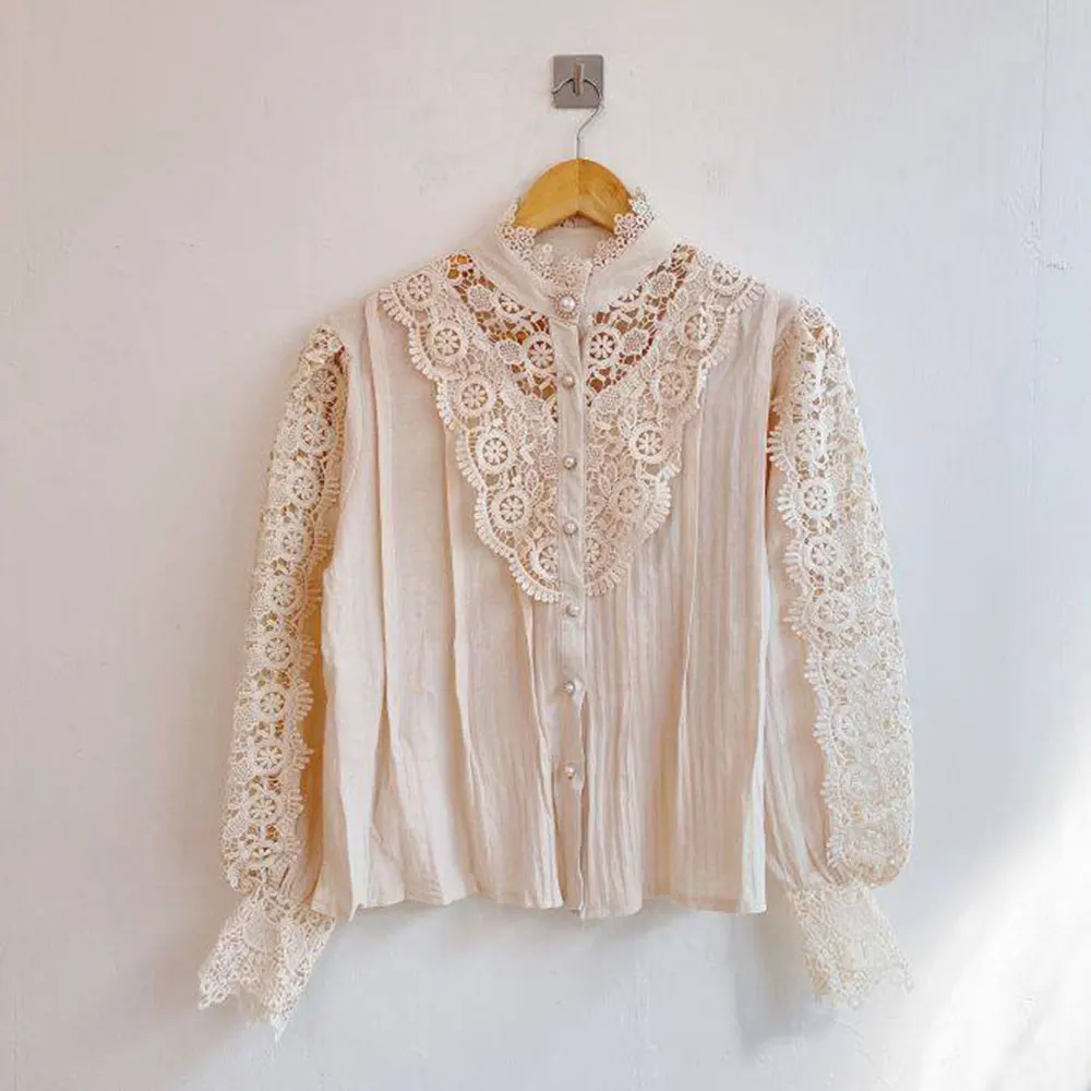 

Mesh Stand Collar Women Blouse Out Flower Sexy Hollow Out Elegant Petal Sleeve Lace Casual All-Match T-Shirts Ladies Solid Tops