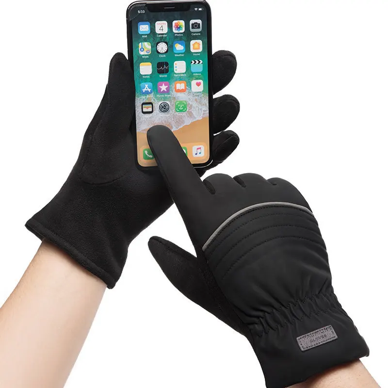 Зимние тканевые перчатки черные мужские Противоскользящие ветрозащитные теплые