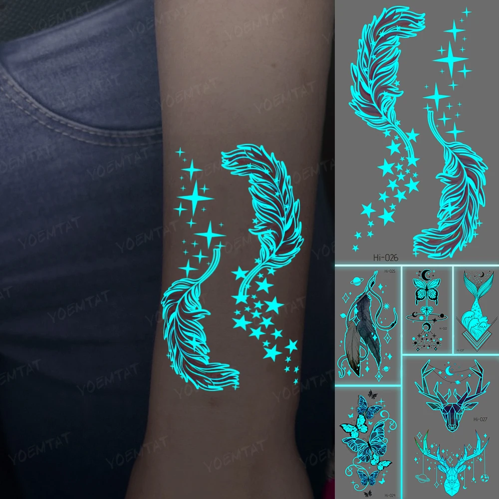 

Blue Luminous Tattoo Sticker Waterproof Temporary Cute Tatoo Feather Butterfly Deer Dolphin Fake Tatto Body Art Men Women