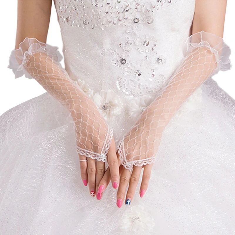 

Womens Lace Mesh Bridal Gloves Fingerless Elbow Length Long Gloves Wedding Party