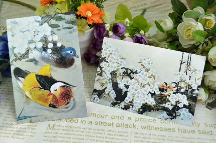 Стильная открытка с изображением утки и китайской тушью Коллекция