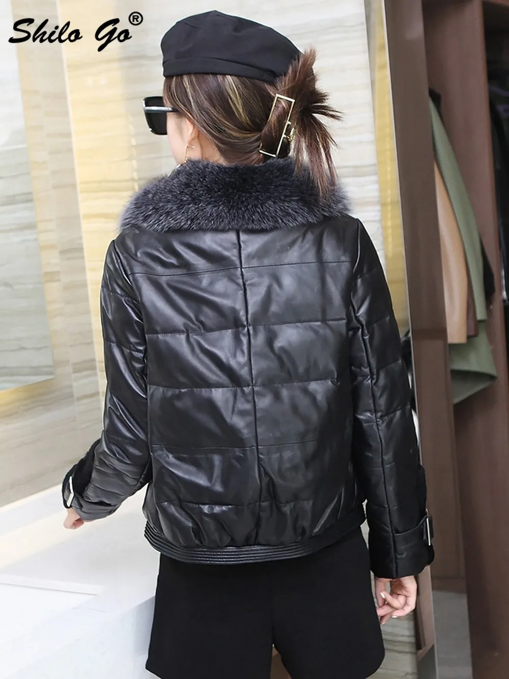 

Streetwear Real Fox Fur Double Breasted Slim Down Parkas Women Winter Thermal Padded Genuine Leather Coat Sheepskin Outwear