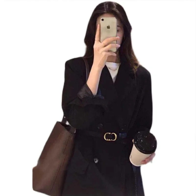 

Fashion black small suit jacket women 2021 early spring new British style lace-up waist