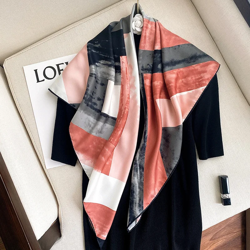 

2021 Women Brand Designer Scarf Fashion Oil Painting Plaid Silk Scarves Square Small Handkerchief Neck Snood Bag Hijab 90*90Cm