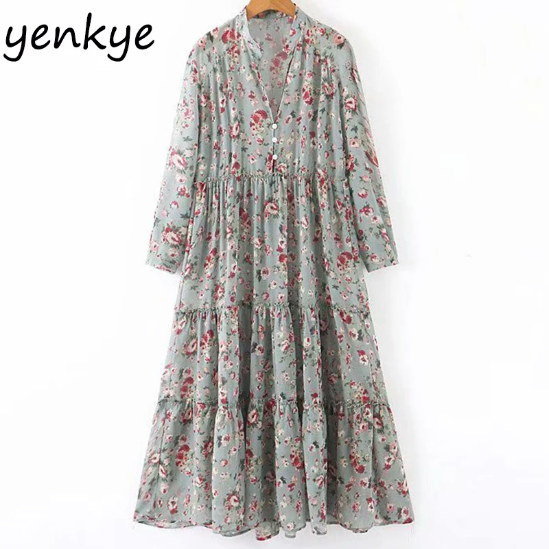 Милое женское прерия шик цветочный принт шифон платье элегантный леди v образный