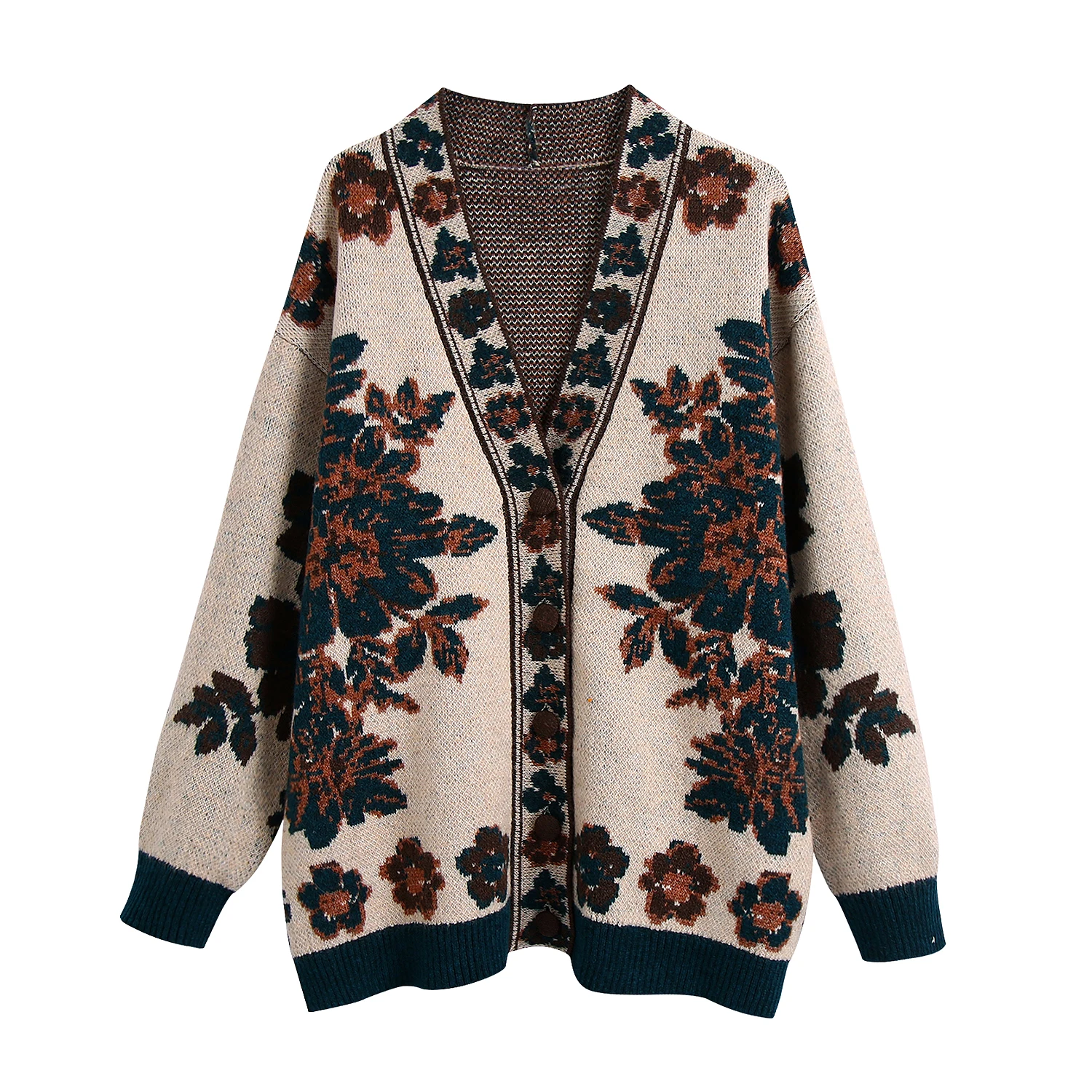 

Women Autumn Floral Jacquard Weave Long Knitted Coat Female V Neck Single Breasted Loose Chic Lady Casual Fashion Sweater Top