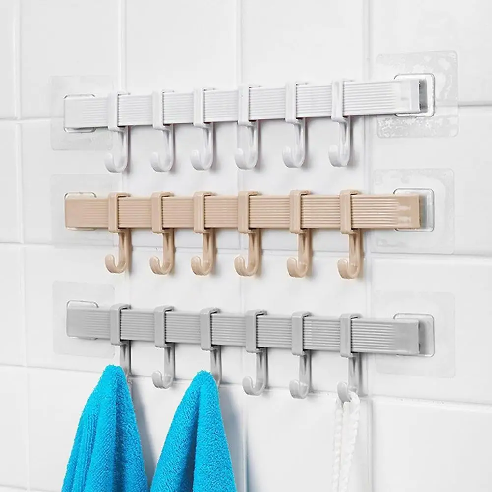 

6 Even Row of Hooks Strong Adhesive Hook Kitchen Wall Hook Hanger Shelves Rack Nail-free Creative Bathroom Seamless New Han B8D4