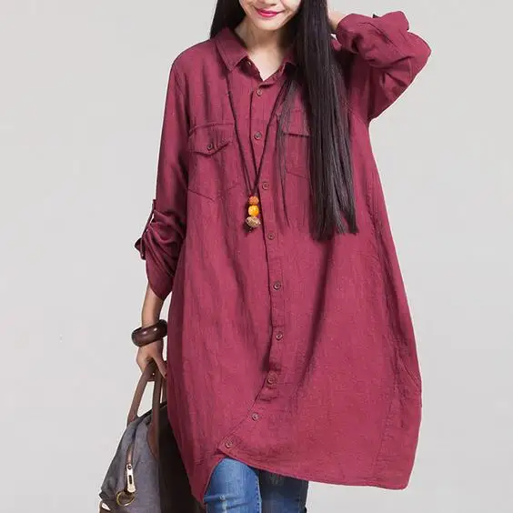 4XL 5XL осенние женские льняные блузы и рубашки с длинным рукавом длинные топы