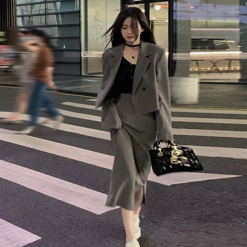 

Grey A-line Long Skirt Matching Sets Spring Autumn Two-piece Suit Loose Coat Women's Clothing Casual Style Korean Fashion New