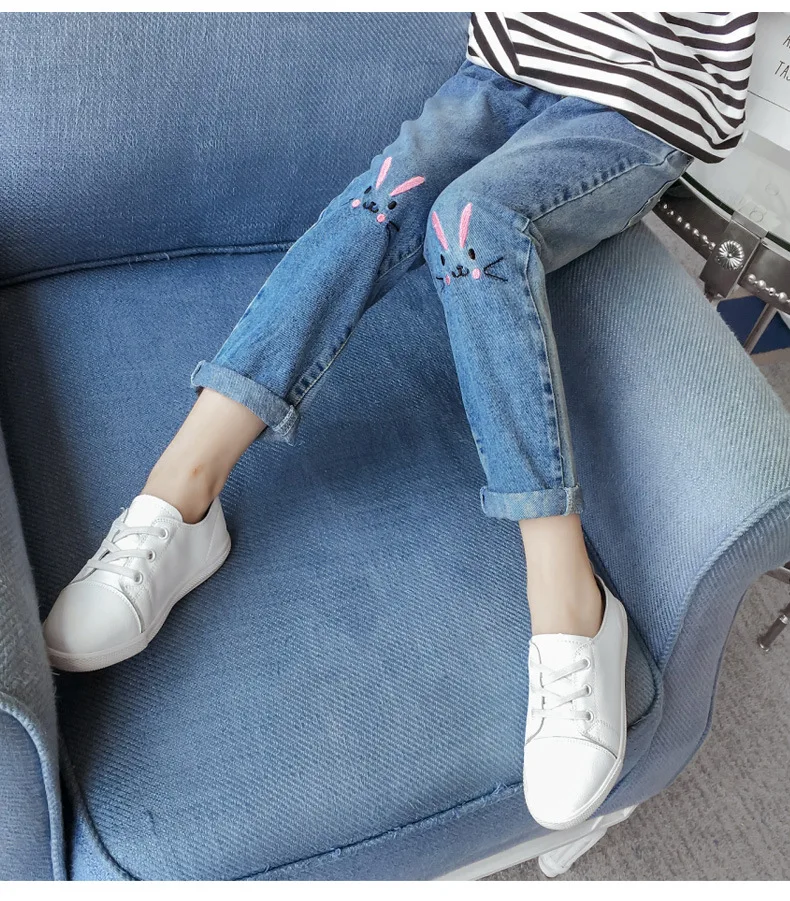 4~11T Spring Fall Youth Girls Casual Jeans Elastic Belt Denim Pants for the Teens Girl Pantolon Teenagers Dog Rabbit Embroidery | Детская