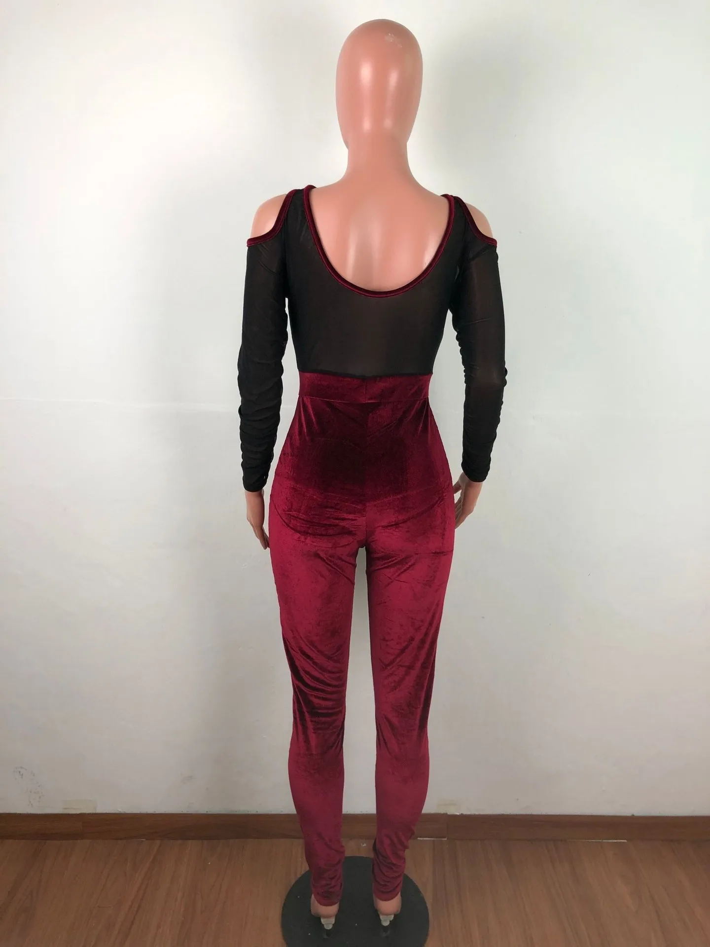 

Sexy Sheer Mesh Patchwork Velvet Jumpsuit Women Elegant Cold Shoulder Backless Pencil Pants Women Jumpsuit Bodycon Club Overalls