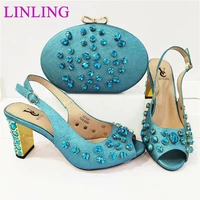 italian design 2021 fashion special colorful crystal sweet style afrcian women shoes and bag set in sky blue color for party