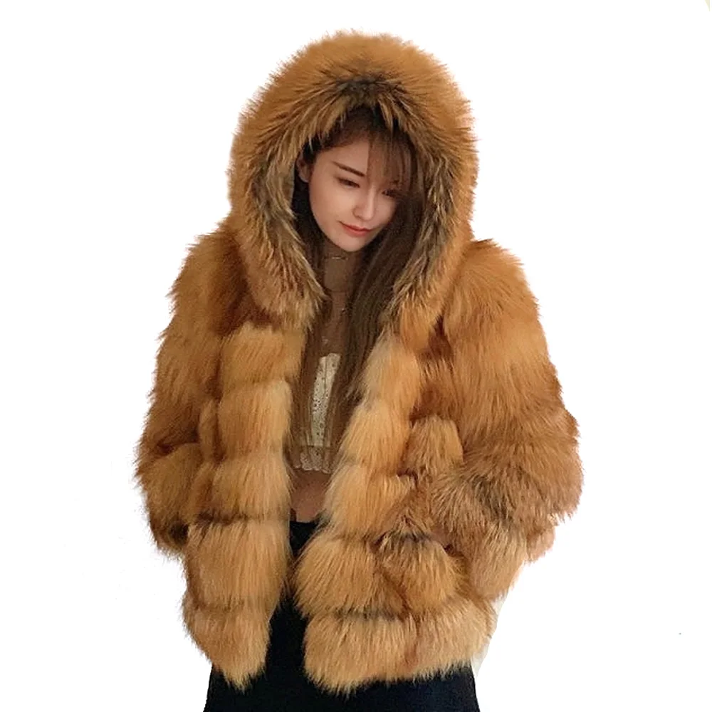 Модные женские шубы с капюшоном из 100% натурального Лисьего меха зимняя женская