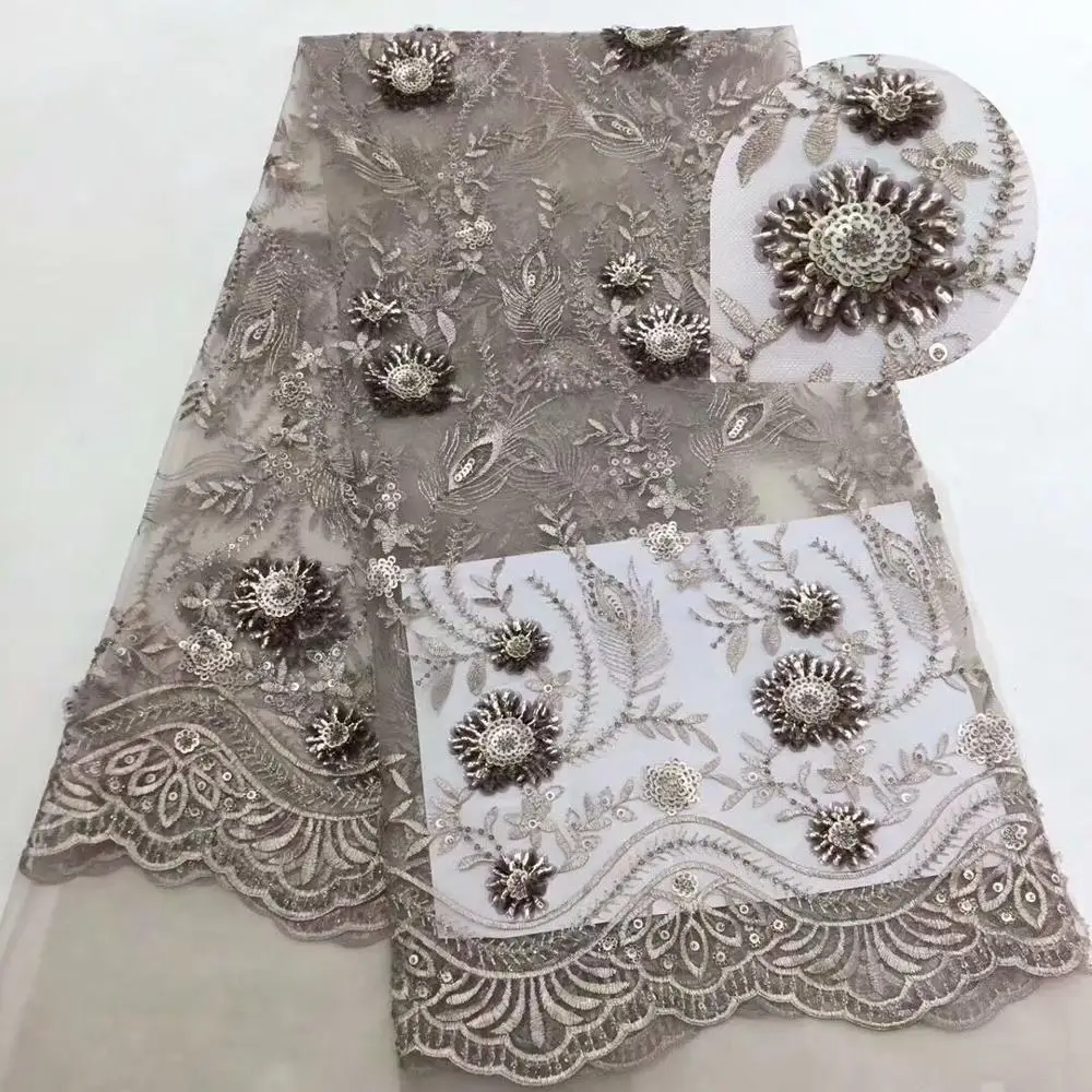 Новая Серая нигерийская кружевная ткань 2019 кружево с блестками 3 d цветы для