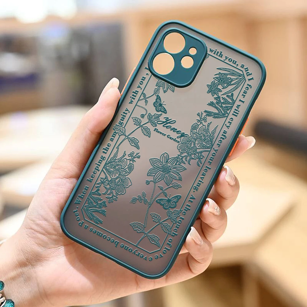 

Iphone 13 12 XS 11 Pro Max Mini Case luxury Vintage flowers Pattern words iphone 7 8 6 6s Plus SE2020 X XR Drak green Case coque