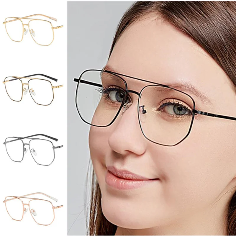Anti-Blue Light Glasses Double Beam Optical Eyeglasses Polygon Spectacles Alloy Frame Eyewear Goggles