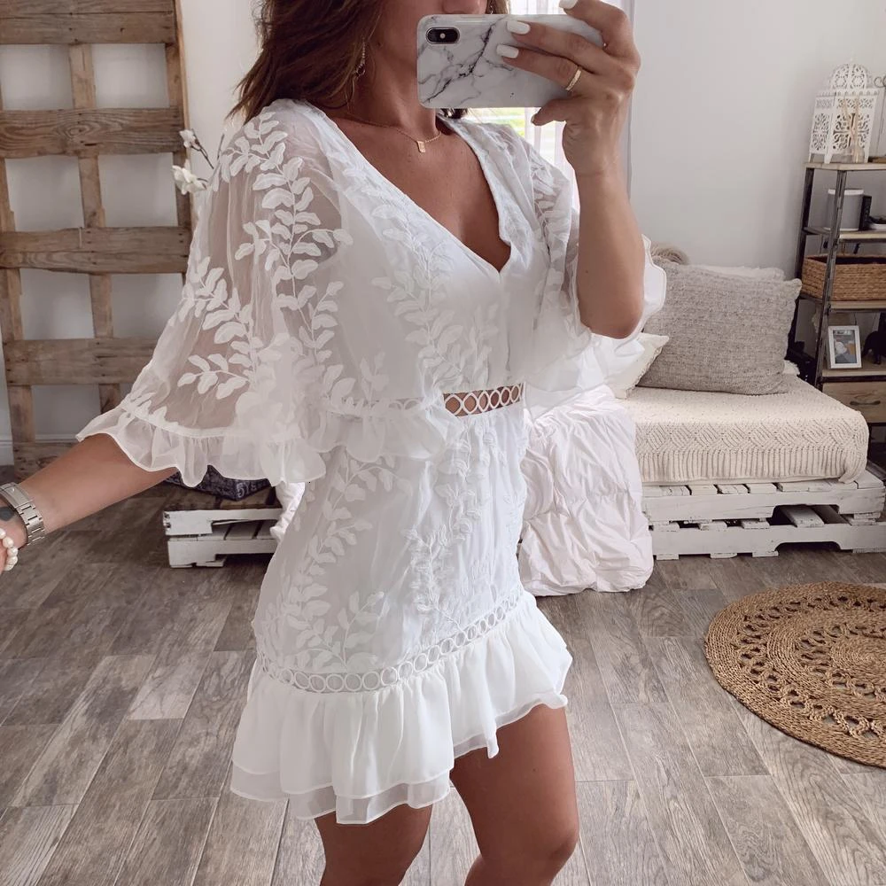 Женское платье с рукавом бабочкой Осеннее лоскутное мини глубоким v образным