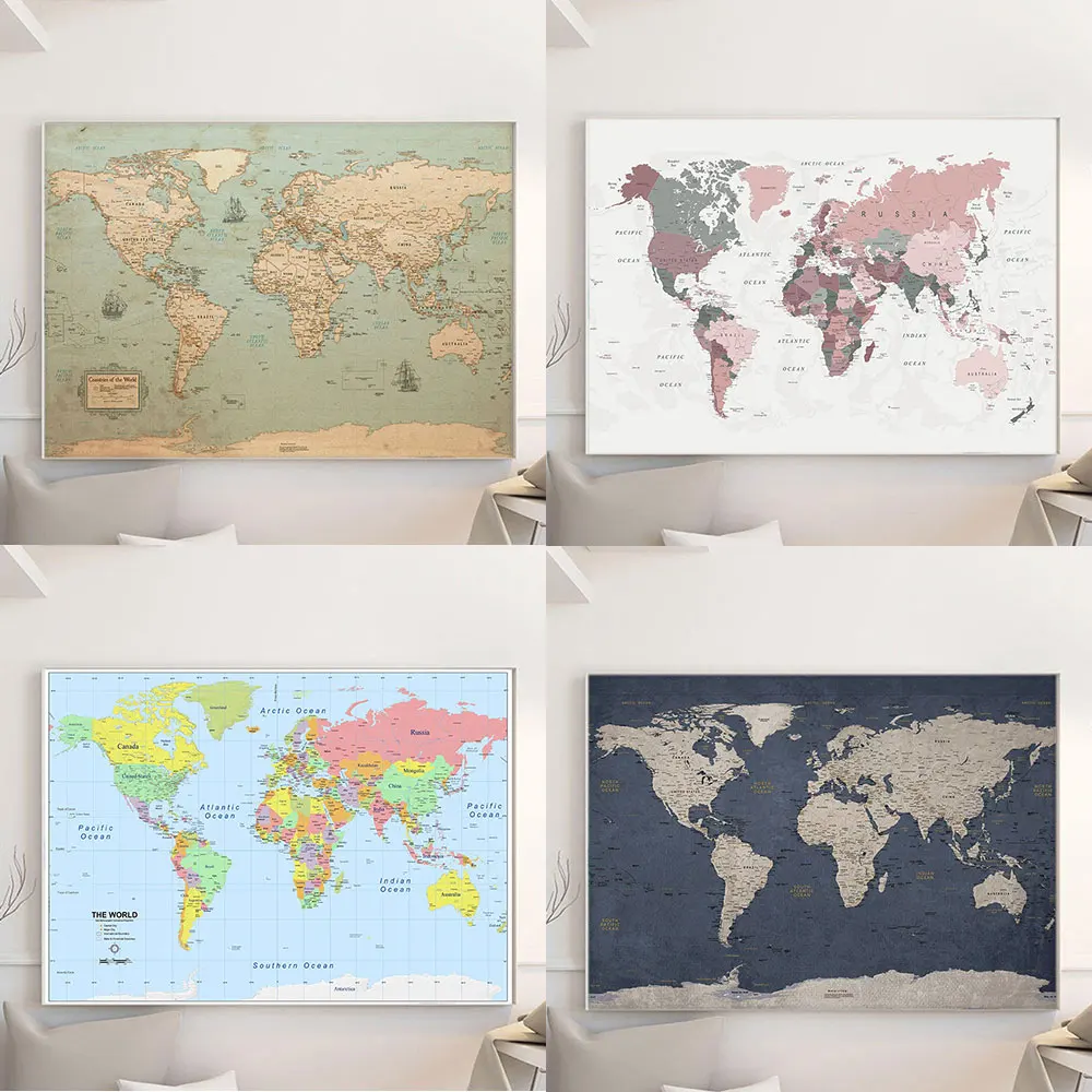 

14 Sizes World Map Vintage Journal Poster Retro Canvas Painting Personalized Atlas Wall Art Print Picture For Office School Maps